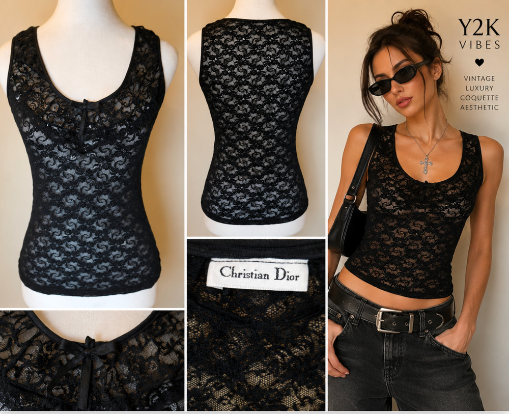 Christian Dior Vtg Black Sheer Floral Lace Tank Top Bow Stretch Sleeveless M